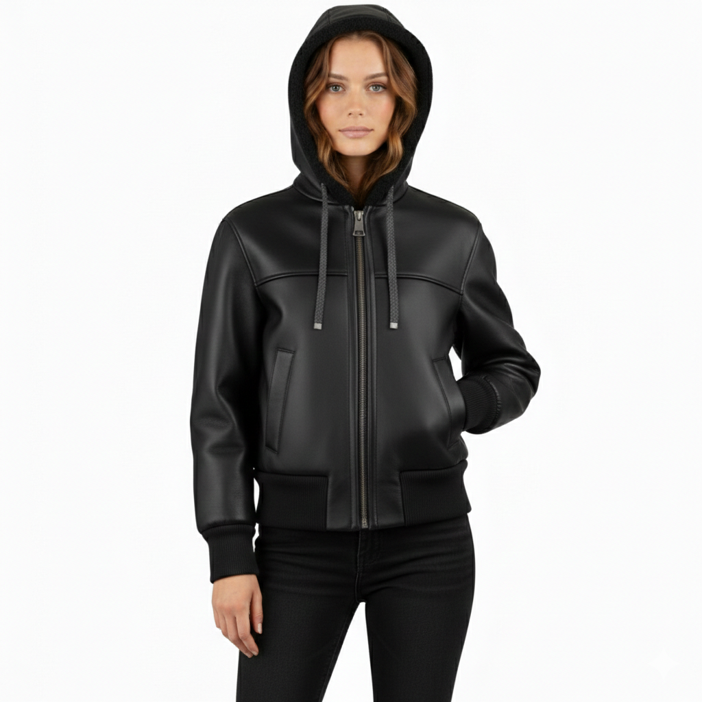 Women's Shearling-Lined hooded Leather jacket