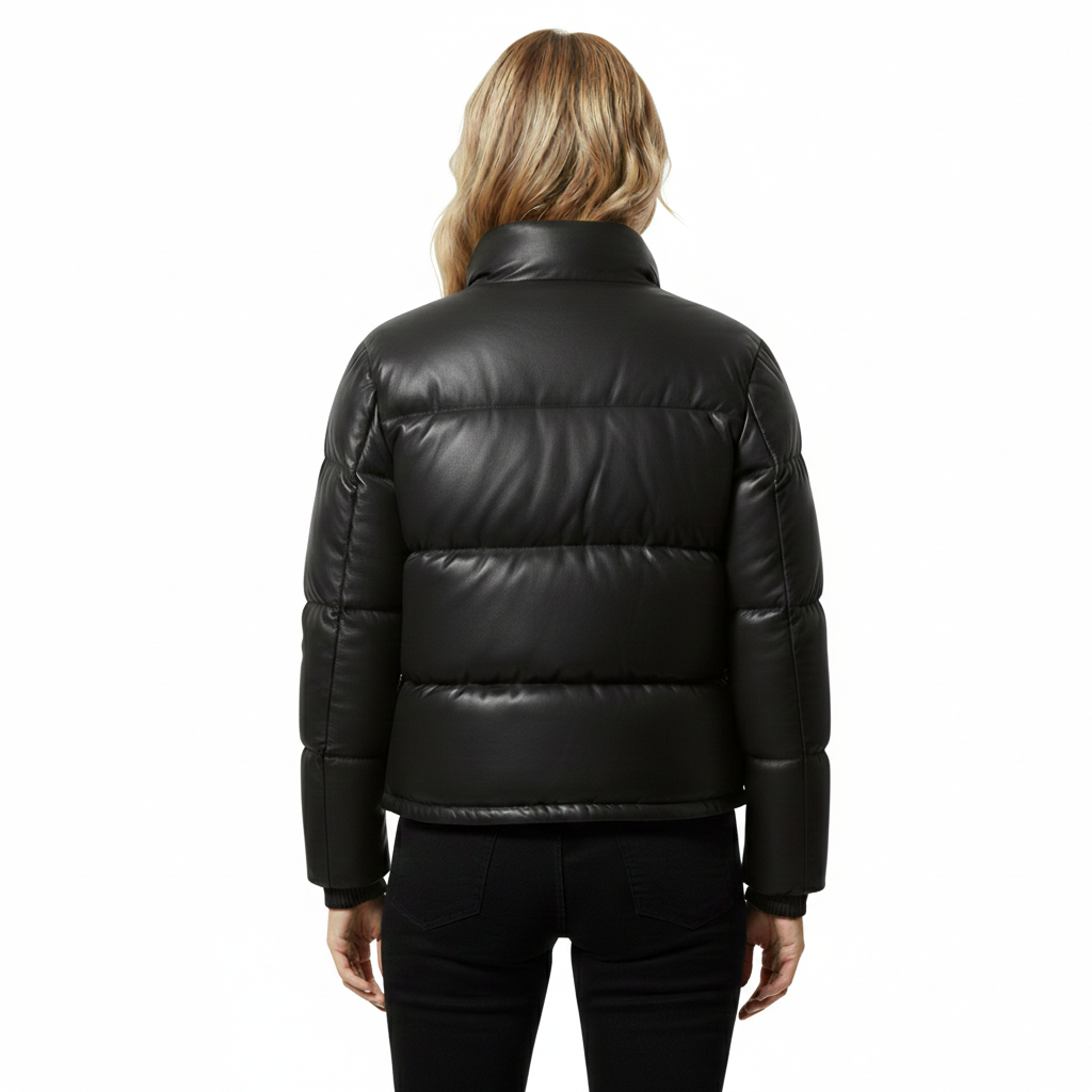 Women's Matte Black Leather Puffer