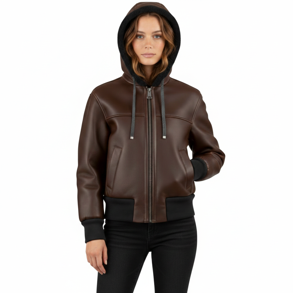 Women's Shearling-Lined hooded Leather jacket