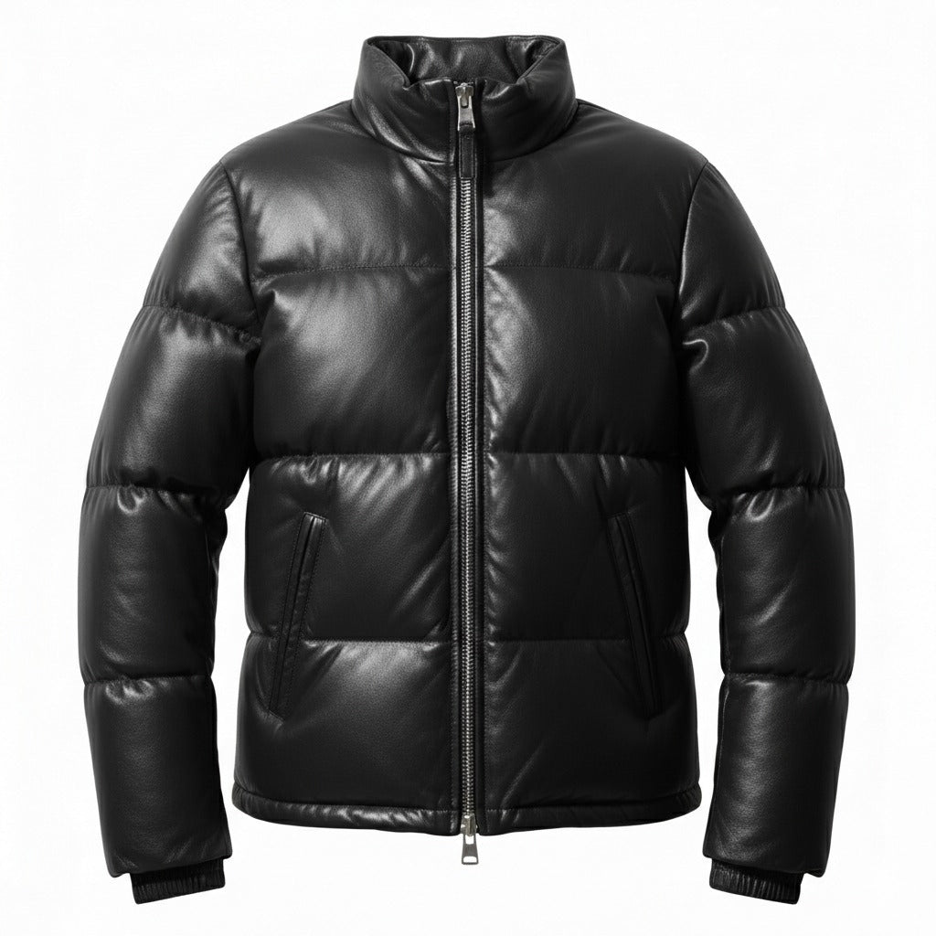 Women's Matte Black Leather Puffer