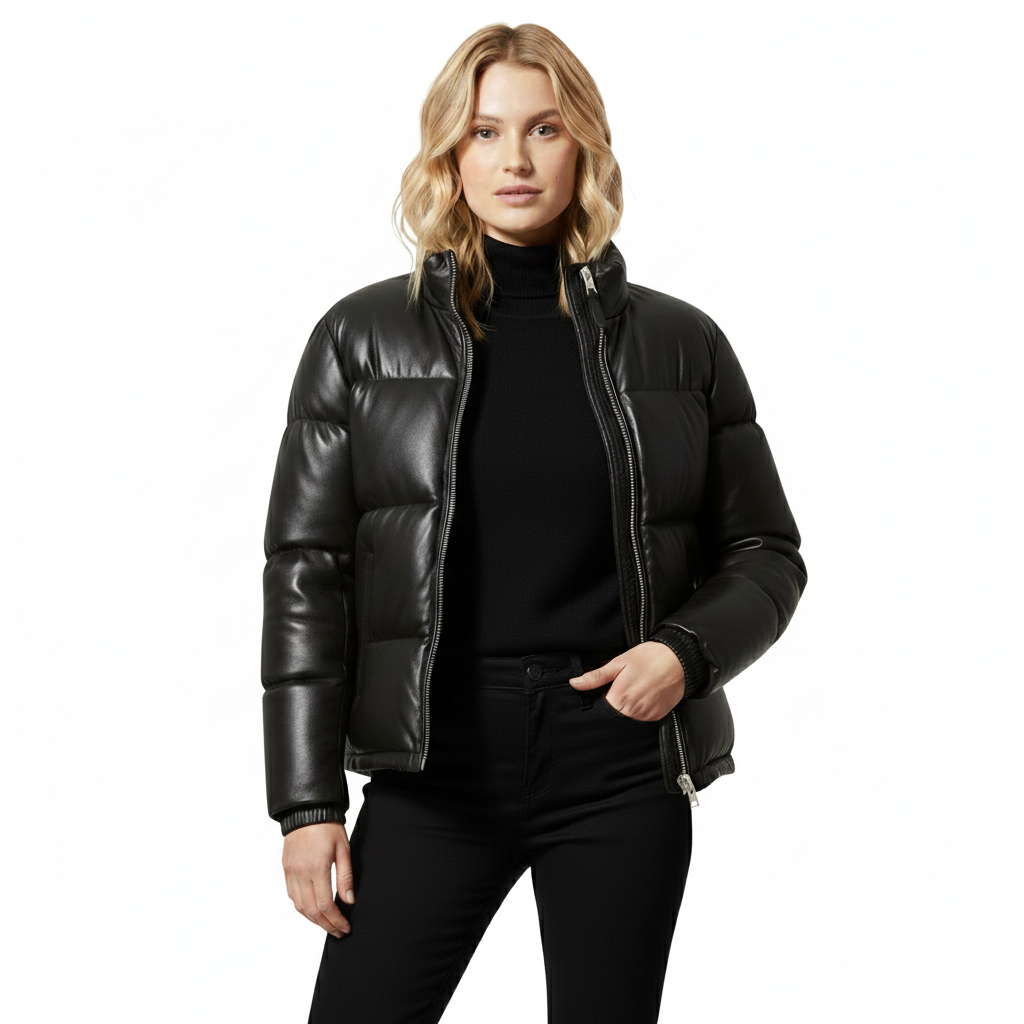 Women's Matte Black Leather Puffer