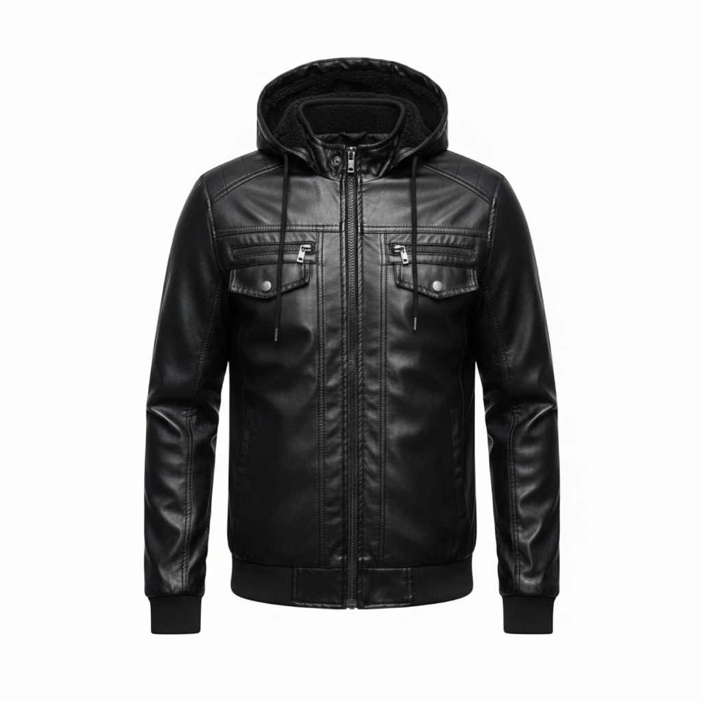 Genuine Hooded Bomber Leather Jacket with Elastic cuffs and waistband