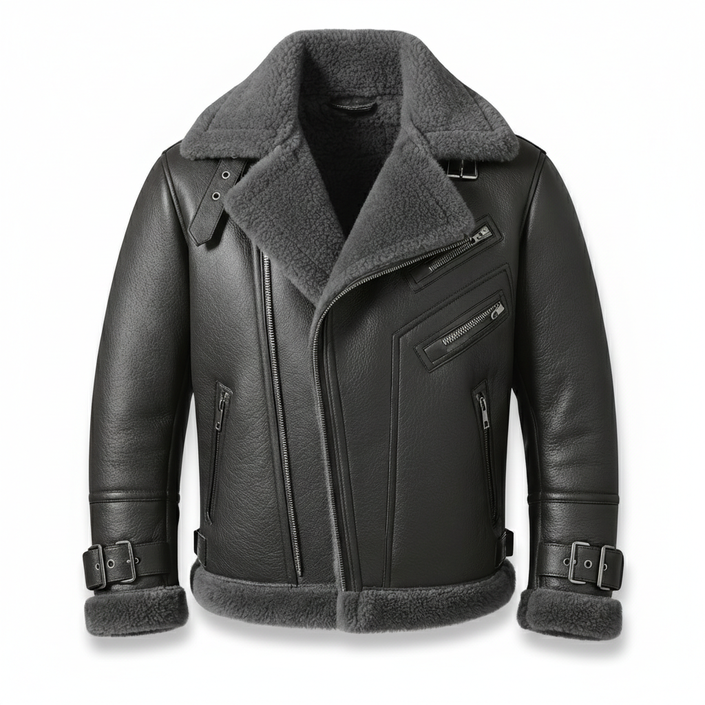 Mens Aviator Shearling Leather Jakcet with buckles-neck cuffs-waist and wool lining 