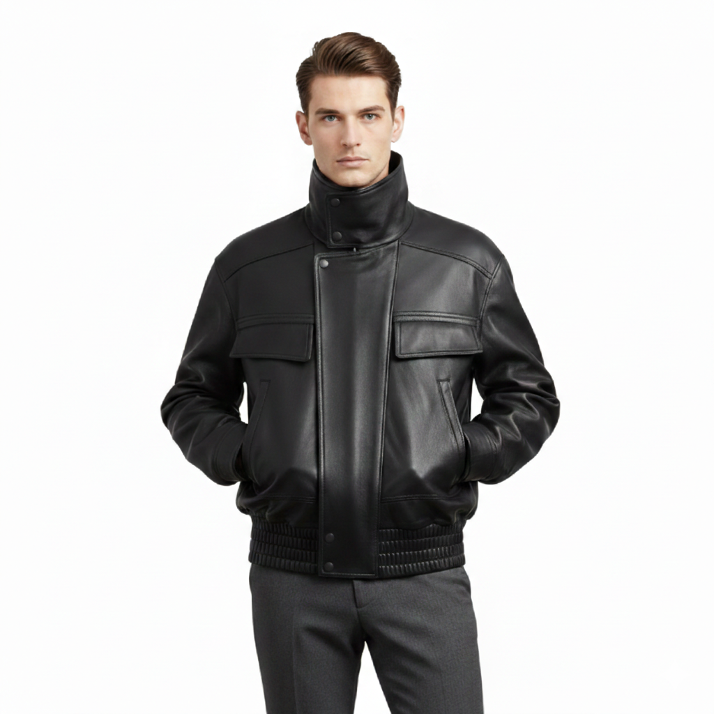 Men's Mock-Neck Leather Bomber Jacket