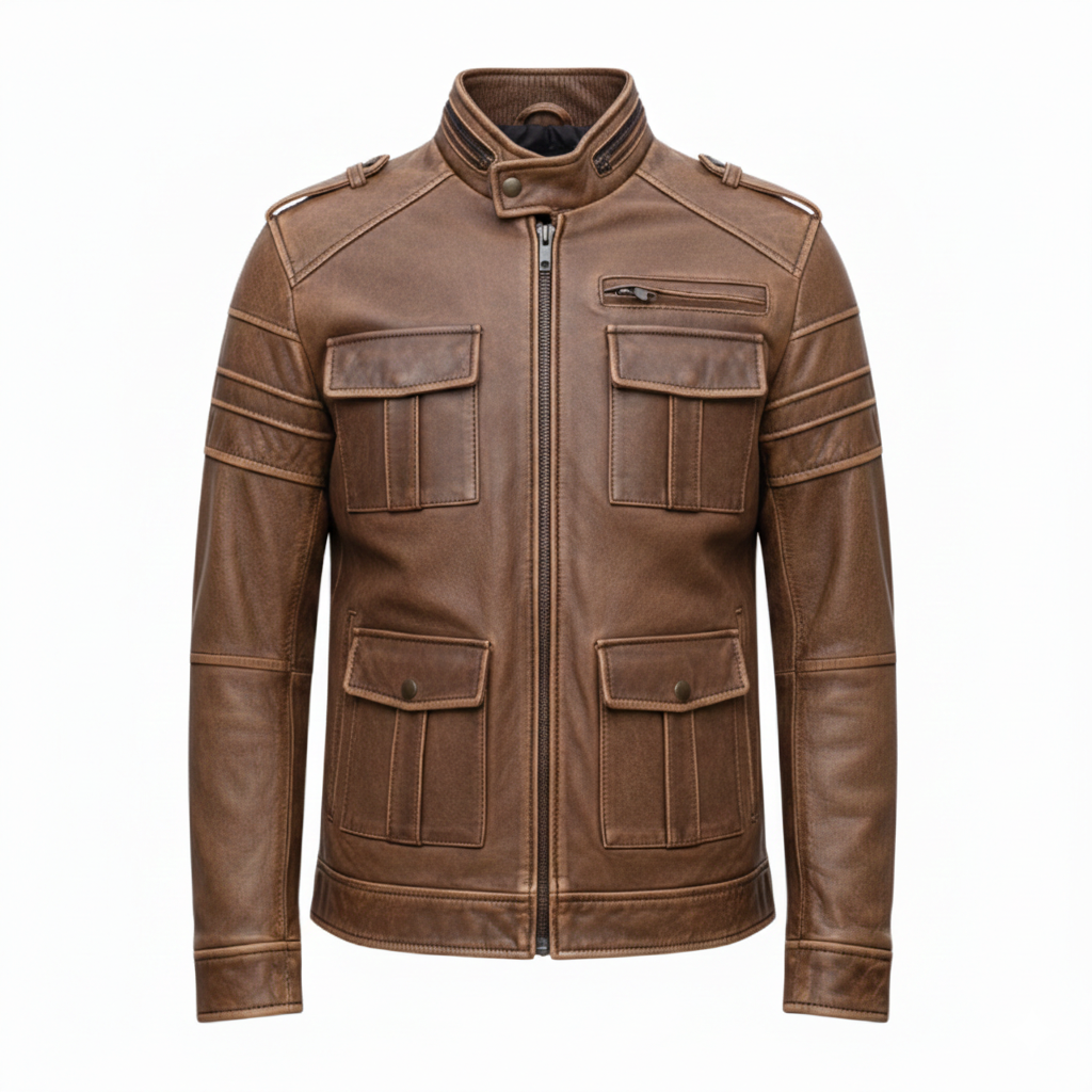 Multi Pocket Real Leather Jacket Heritage look quilted sleeves