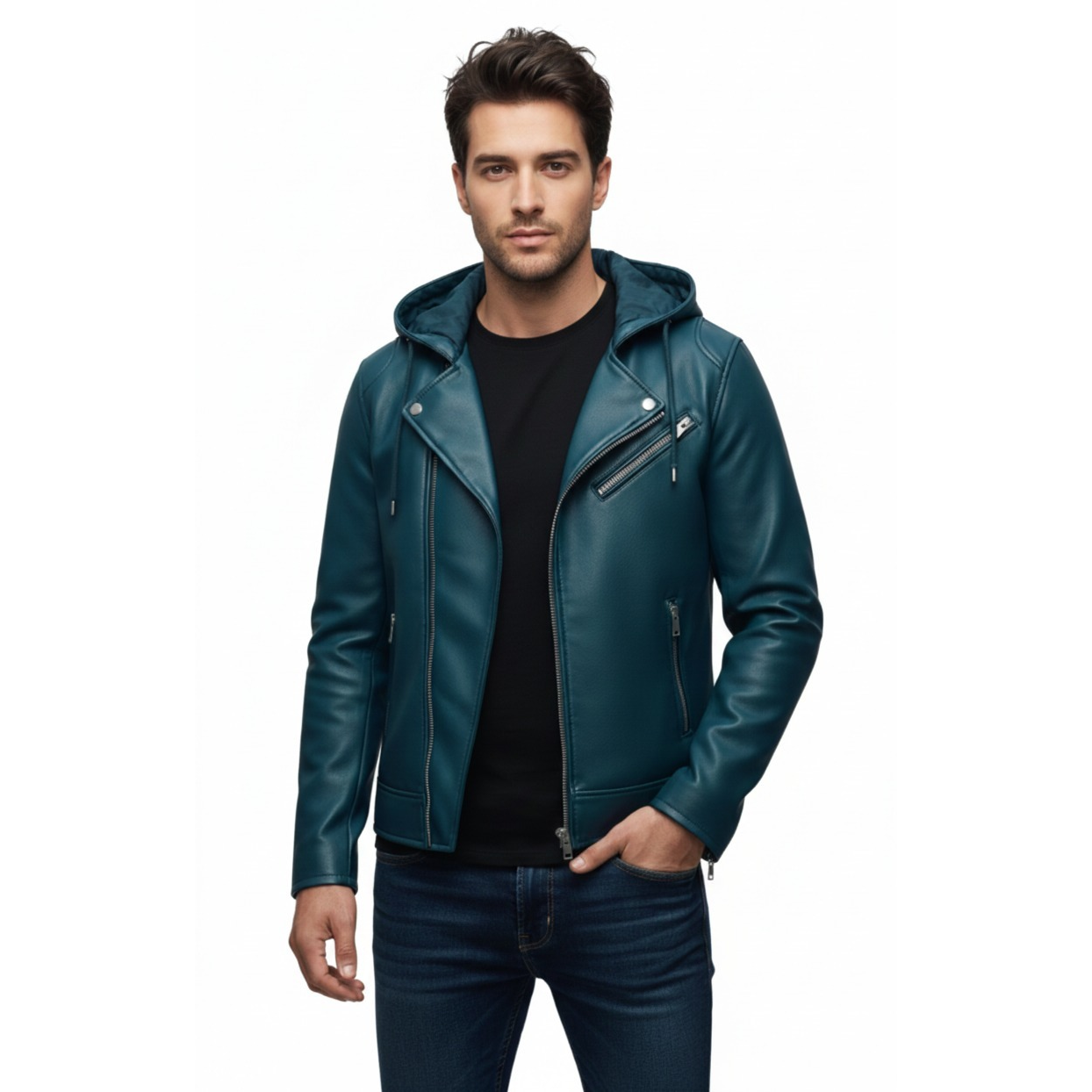 Men's Hooded Leather Moto Jacket