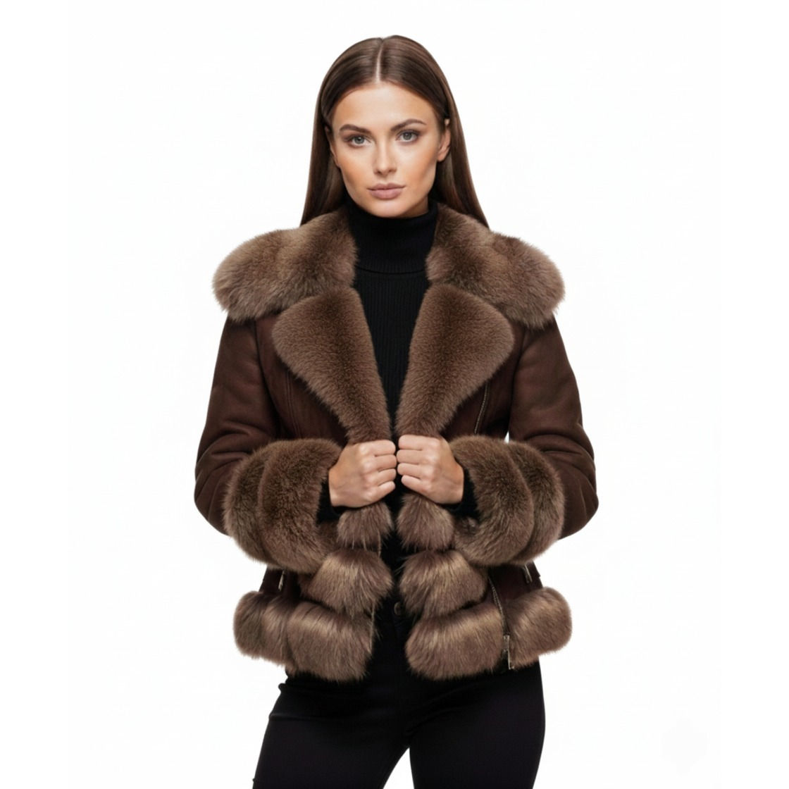 Women's Suede Fur-Trim Shearling Jacket