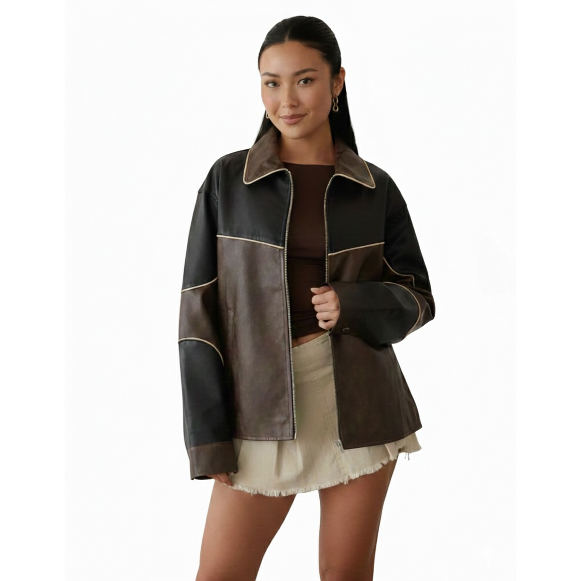 Women's Paneled Oversized Leather Jacket