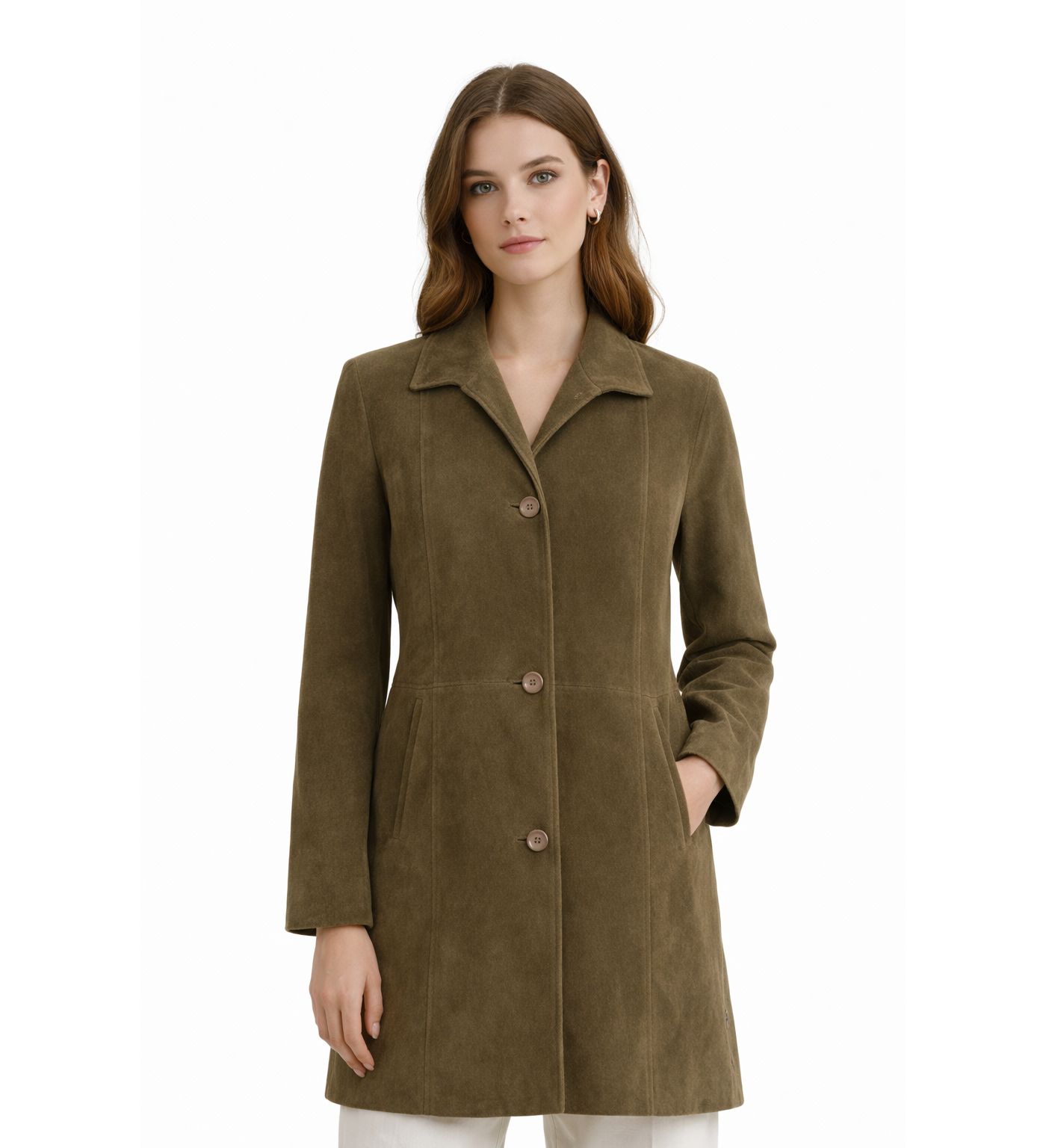 Women's Olive Suede Long Coat